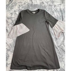 Luxology Black A-Line Dress Bell Sleeve Plaid Contrast Casual Size M